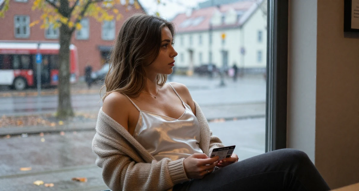 A contemplative Female From Norway, based in Stavanger, graduated from a cultural college majoring in mood-centered photography in their 22, investing in outfits that complement sensual expression, wearing a white silk camisole and a beige cardigan, holding a subway card in a cozy reading nook by a window.