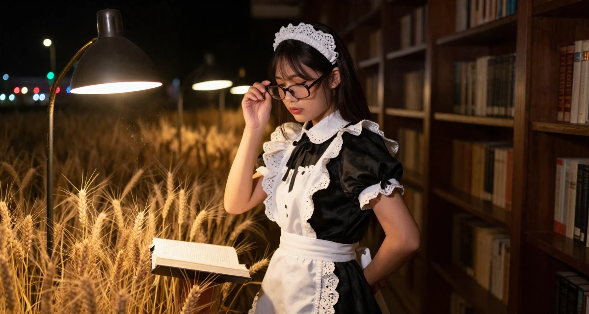 A wistful Female From Thailand, based in Chiang Mai, graduated from a regional college majoring in content production in their 36, documenting the process of writing a book, wearing a french maid costume with black silk and white lace, adjusting glasses in a golden wheat field.