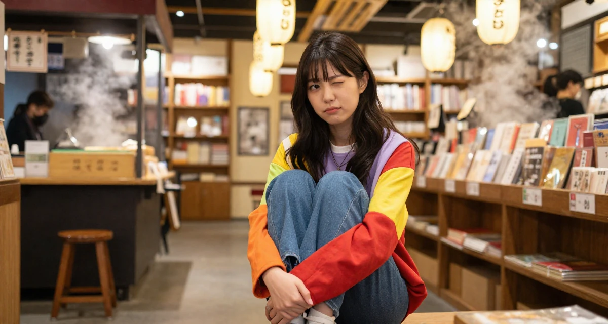 A composed Female From Japan, majored in psychology in their 25, worrying about being judged by classmates, wearing a bold color-block outfit, winking playfully in a bookstore aisle.
