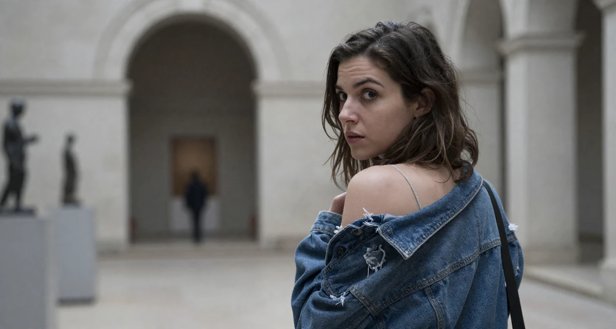 A alert and attentive Female From France, studied philosophy at Sorbonne in their 25, learning to batch-shoot to save time, wearing a denim jacket worn off-shoulder over a tube top, shivering slightly in a museum exhibit.