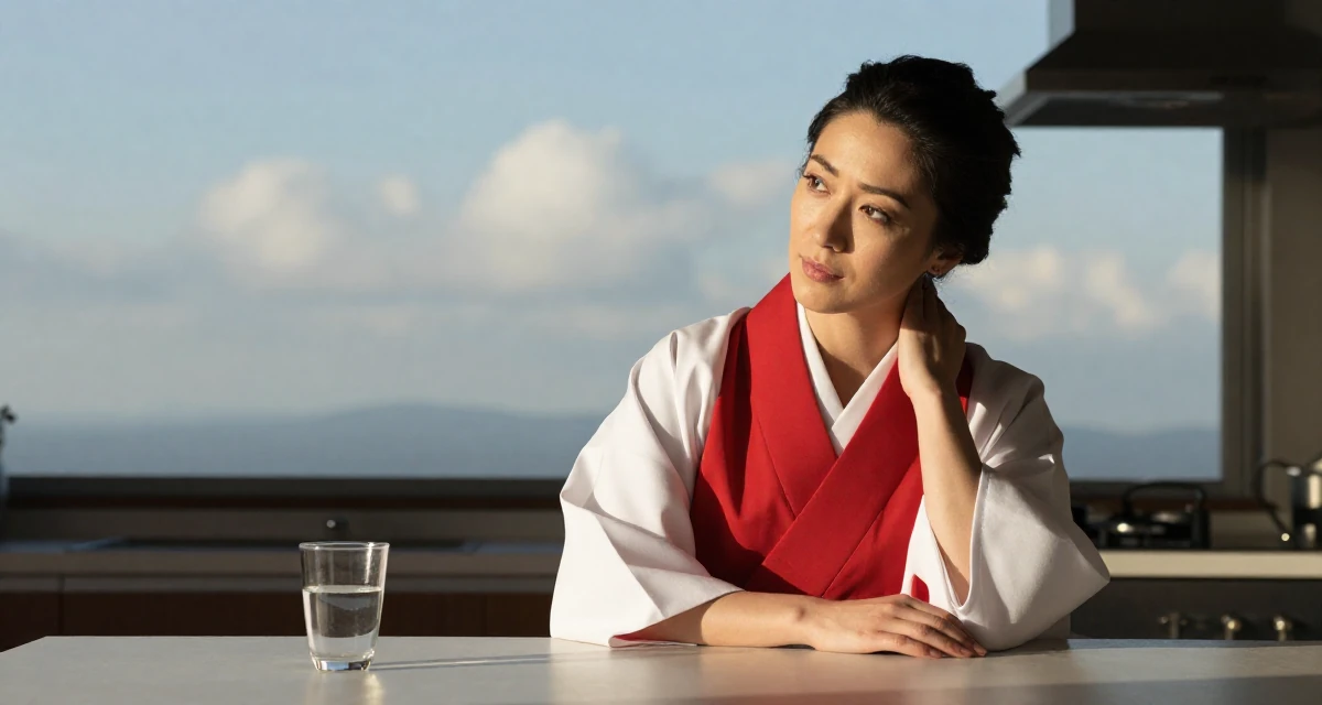 A curious and focused Female Former small-town teacher, now exploring expressive photography in their 36, sharing realistic fitness routines for busy people, wearing a traditional Japanese miko priestess robe in red and white, massaging the neck in a sunlit kitchen island.