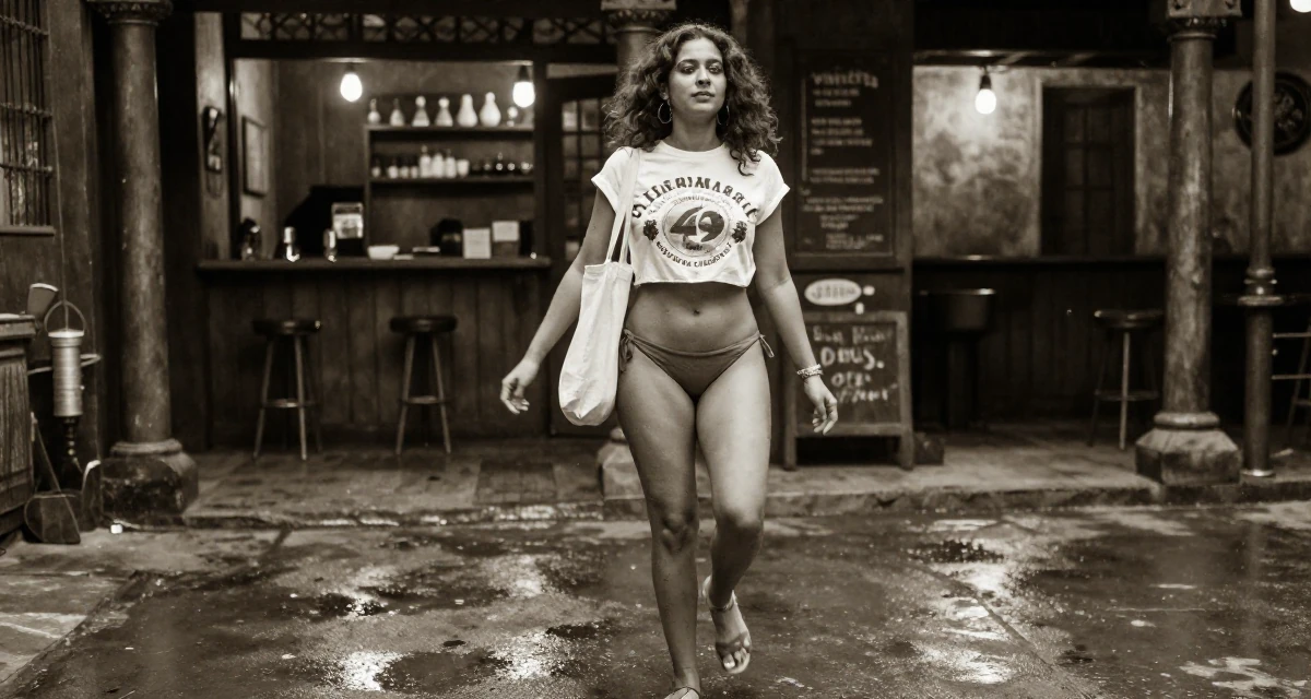 A unbothered Female From Bangalore India, holds a degree in software engineering in their 49, celebrating the beauty of imperfection, wearing a cropped graphic tee and bikini bottoms, carrying a tote bag in a dungeon cell.