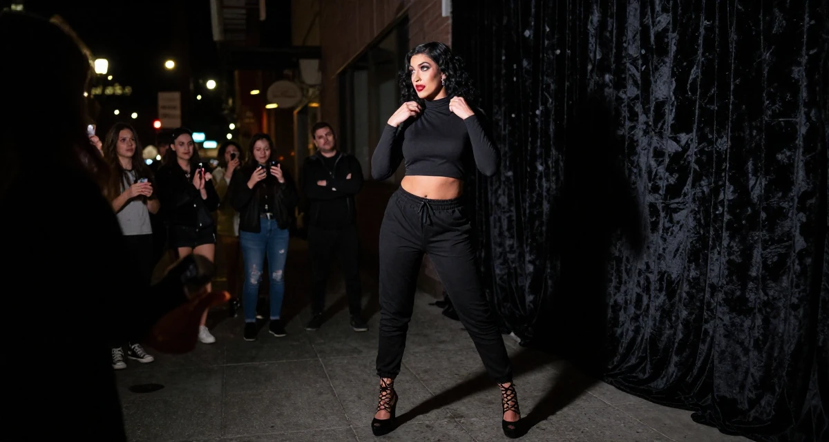 A bewitching Female From Las Vegas USA, learned burlesque performance and crowd engagement in their 45, reviewing anti-aging products with honesty, wearing a tight long-sleeve crop top and jogger pants, fixing a collar in a city sidewalk.