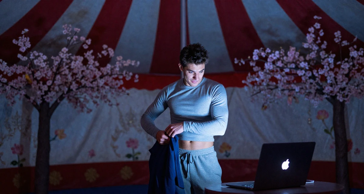 A mischievous male Former veterinary assistant, now sharing soft pet-inclusive content in their 28, feeling a renewed sense of ambition, wearing a tight long-sleeve crop top and jogger pants, smoothing down a dress in a circus tent interior.