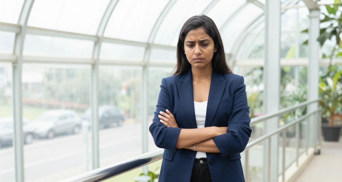 A troubled Female From India, studied biotechnology in their 25, realizing no one teaches emotional labor in creator work, wearing a smart casual blazer ensemble, sliding a hand into a pocket in a botanical greenhouse.