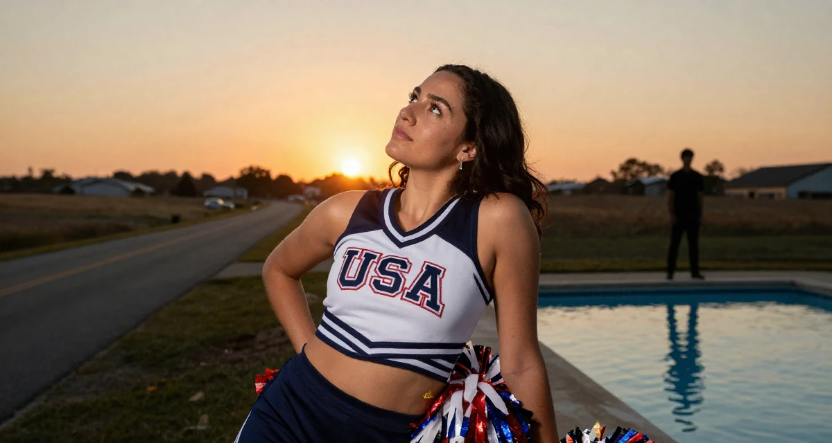 A zoned out Female From USA, dropped out of art school to pursue modeling in their 40, starting a business after years of corporate life, wearing a cheerleader uniform with a cropped top and pom-poms, looking up at the sky in a country road.