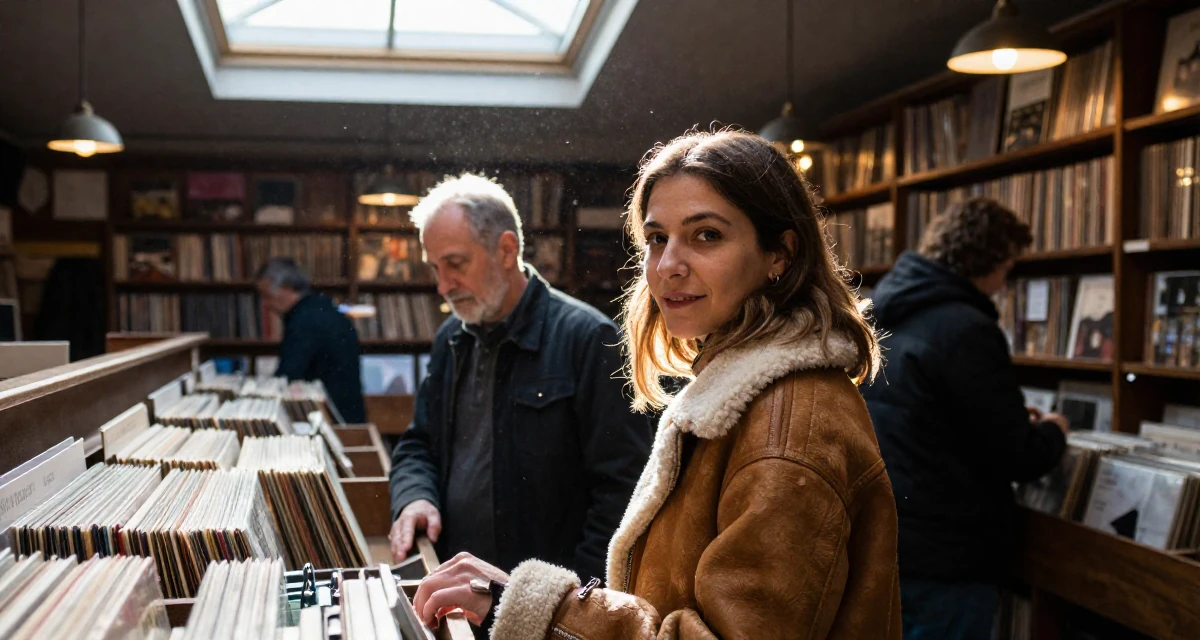 A warm Female From Italy, majored in law in their 22, seeking mentorship from older colleagues, wearing a warm shearling jacket, shivering slightly in a vintage record store.