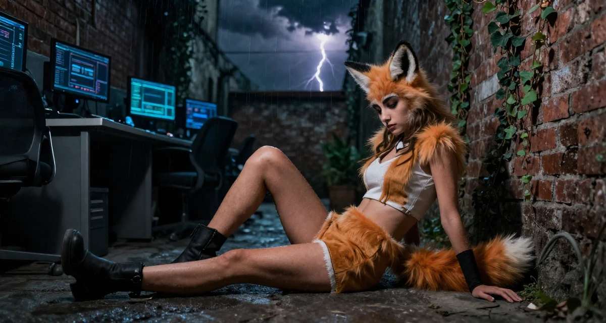 A thoughtful Female From Mexico, majored in law in their 26, chasing the digital nomad lifestyle dream, wearing a fox spirit (kitsune) outfit with fluffy ears and tails, looking down at the ground shyly in a cybernetic computer lab.