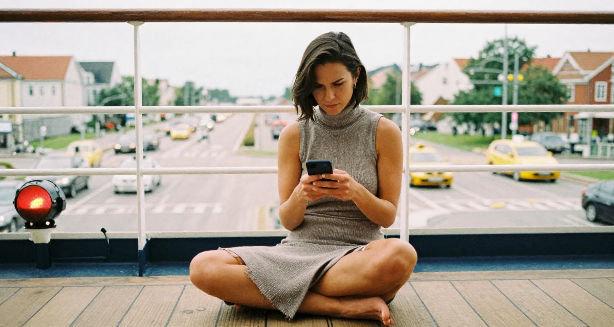 A arrogant Female From Denmark, majored in data analytics in their 23, building content while fighting the urge to quit every week, wearing a sleeveless turtleneck dress with high side slits, checking a phone in a cruise ship deck.