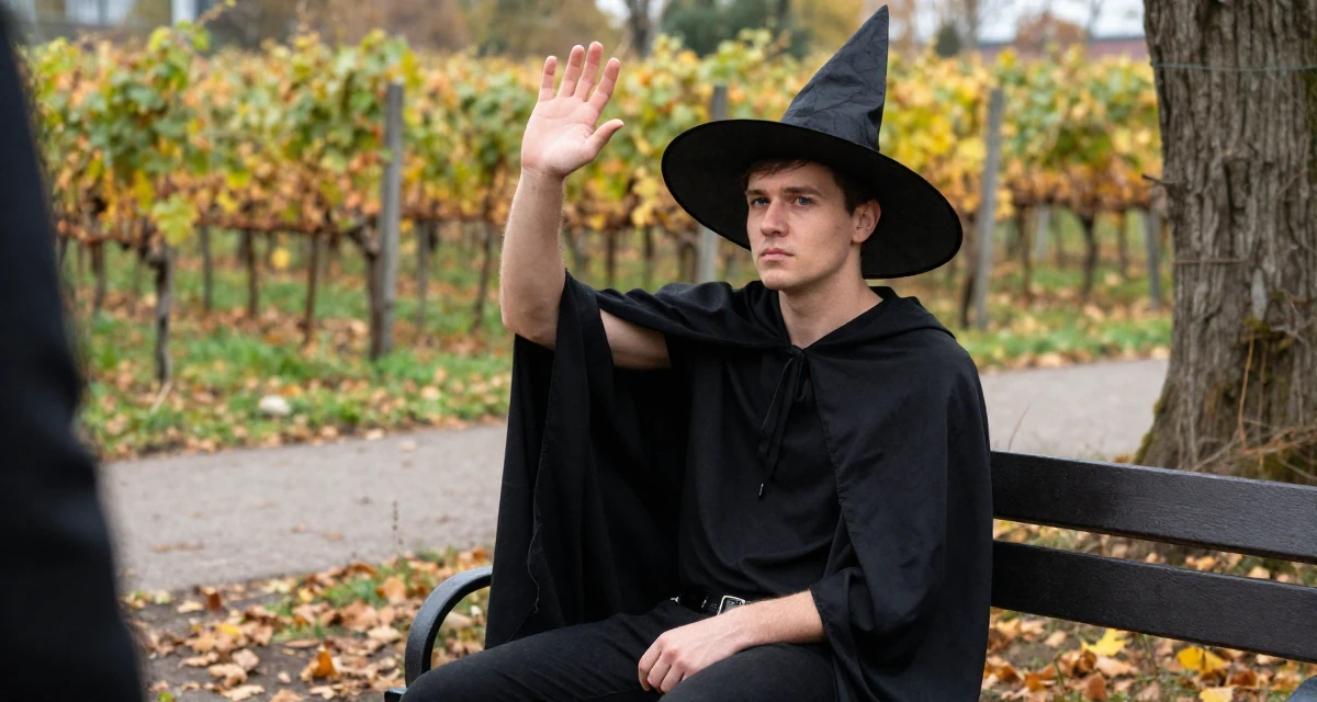 A indifferent male Born in Ukraine, majored in creative communication in their 22, determined to prove their worth quickly, wearing a classic witch costume with a wide-brimmed hat, waving to someone in a park bench.