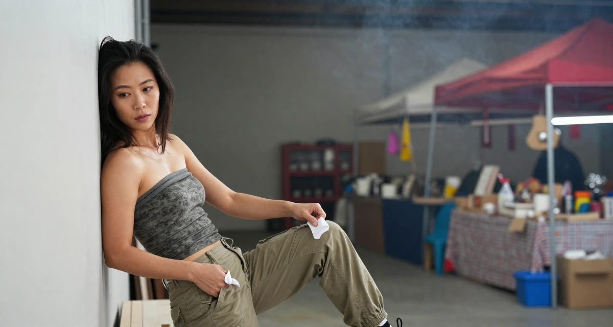 A deeply absorbed Female From Shanghai China, grew up studying dance and digital arts in their 36, expert in interior design and home decor, wearing a strapless tube top and cargo pants, pulling up a sock in a mechanic garage.