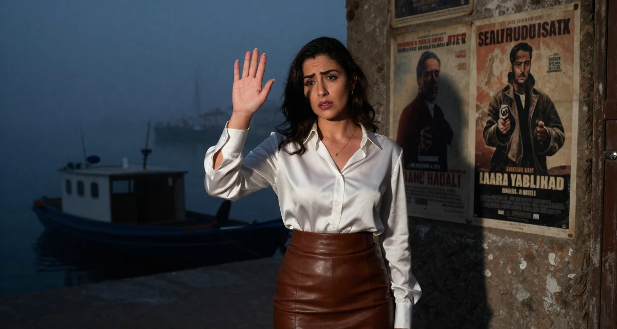 A puzzled Female From Egypt, majored in archaeology in their 25, making peace with early awkward content, wearing a white silk shirt tucked into a leather pencil skirt, resting a hand on the forehead in a foggy harbor.