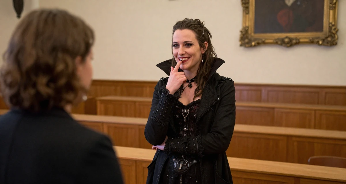 A relaxed Female From Vienna Austria, studied stage performance and sensual movement in their 34, redefining what success means personally, wearing a gothic vampire hunter outfit with a long coat, smiling at a stranger in a lecture hall.