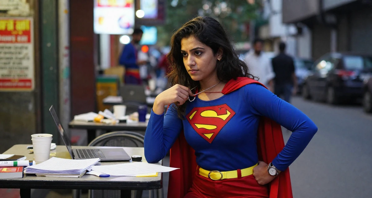 A disinterested Female From Pakistan, based in Lahore, graduated from a business school majoring in marketing management in their 22, confronting competitive job markets, wearing a superheroine spandex suit with a cape, fiddling with a necklace in a neon-lit street.