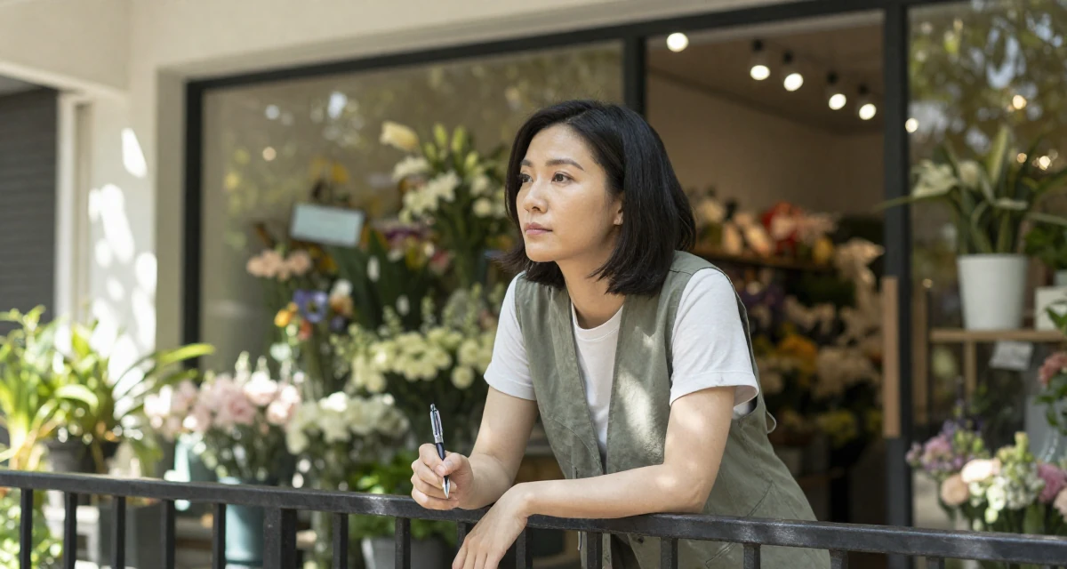 A calmly observant Female From Hong Kong, majored in graphic design in their 30, trying to escape corporate burnout, wearing a casual vest and t-shirt layer, holding a pen poised to write in a flower shop entrance.