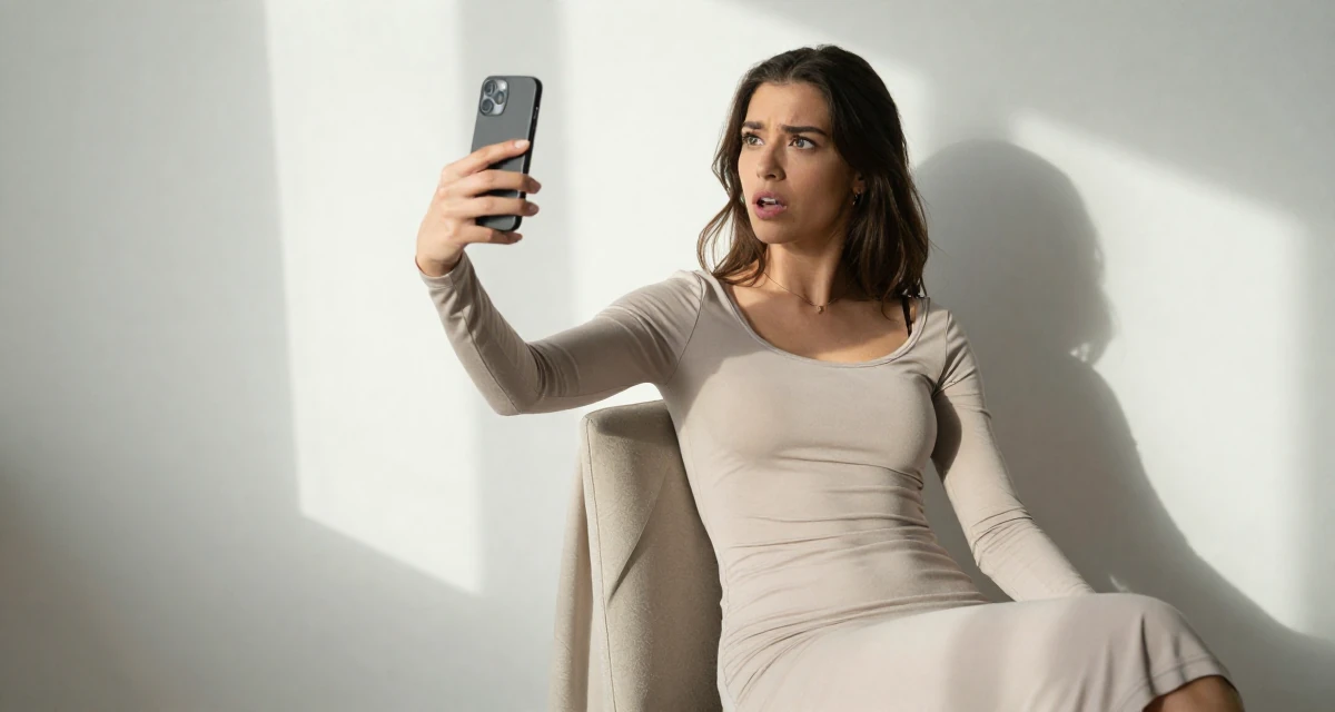 A awestruck Female From Vancouver Canada, majored in fine arts in their 23, experimenting with bolder lingerie styles while staying safe, wearing a long-sleeve bodycon midi dress in neutral tones, posing for a selfie in a tv set.