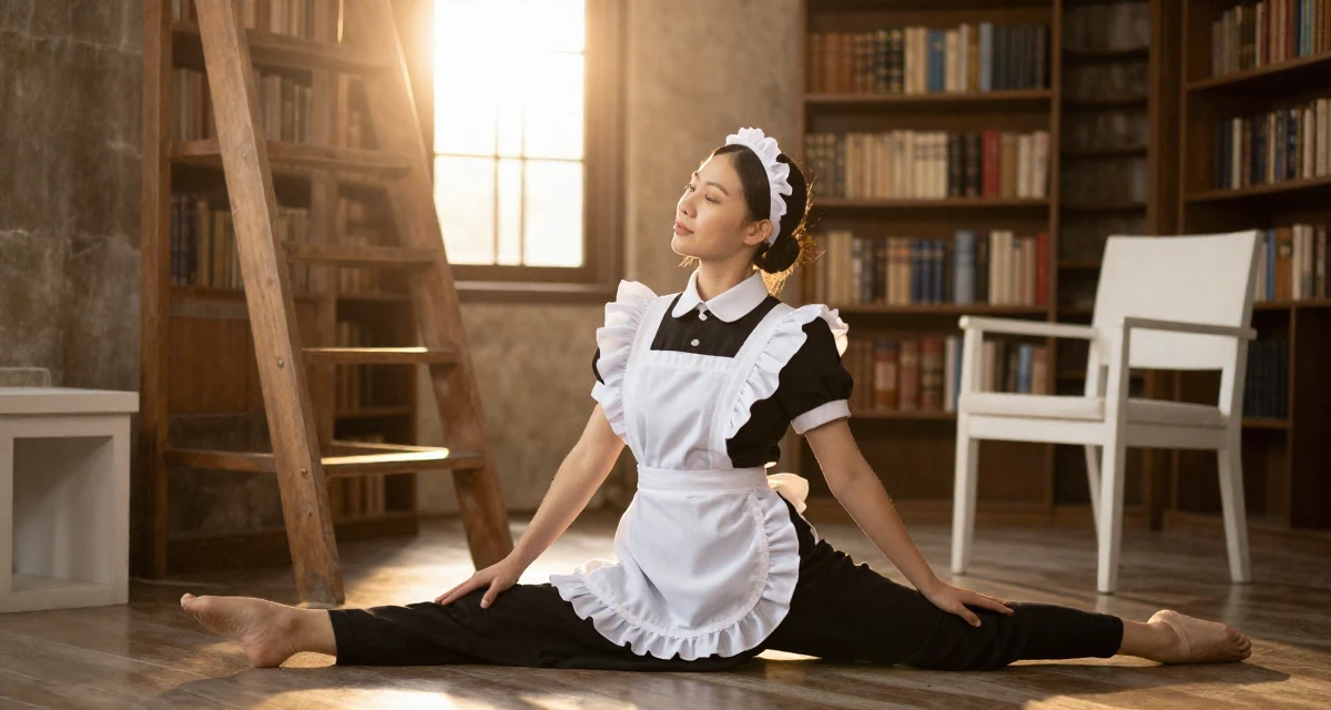 A peaceful Female From Chiang Mai Thailand, studied alternative wellness and body flow in their 25, considering expanding into TikTok or Reddit promo, wearing a maid outfit with a white apron and ruffled headband, pausing mid-step in a old library with wooden ladders.