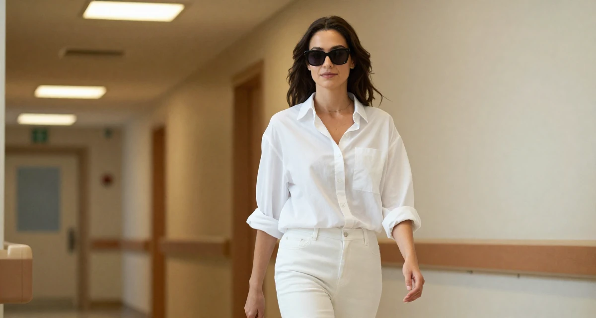 A subtly confident Female Once a kindergarten teacher, now a full-time lifestyle content creator in their 22, missing the freedom of student days, wearing a oversized white shirt with sleeves rolled up and slim trousers, lowering sunglasses to look out in a hospital corridor.