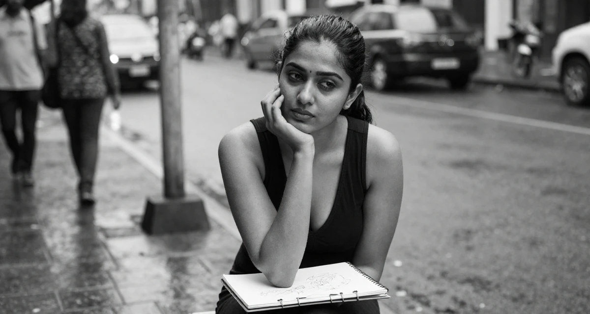 A elegant Female From Sri Lanka, studied digital commerce in their 25, adapting to algorithm changes on promo platforms, wearing a sleeveless bodysuit with deep armholes, sketching on a pad in a rainy street corner.