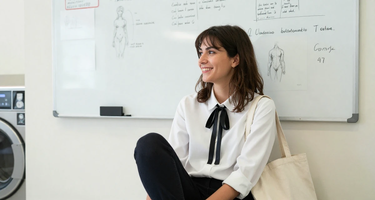 A cheerful Female From Rome Italy, studied classical body aesthetics and figure drawing in their 47, preparing for the empty nest phase, wearing a white shirt with a black ribbon tie, carrying a tote bag in a laundromat.
