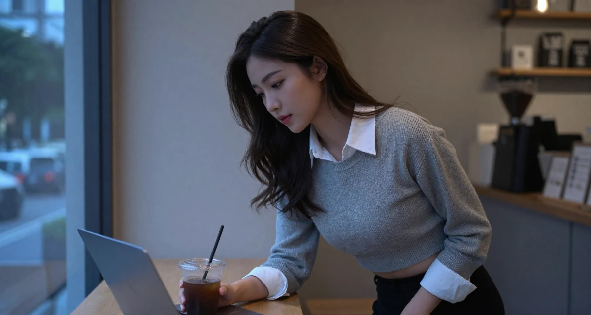 A soft Female From Singapore, majored in digital content strategy and visual aesthetics in their 22, investing in outfits that complement sensual expression, wearing a cropped sweater over a collared shirt, holding a cold drink in a trendy coffee shop.