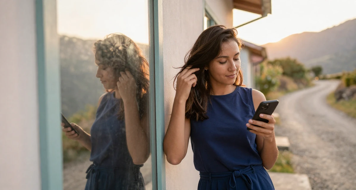 A quietly content Female From Jamaica, studied event management in their 22, building early fan loyalty through replies and messaging, wearing a classic navy blue ensemble, brushing hair away from the face in a mountain trail.