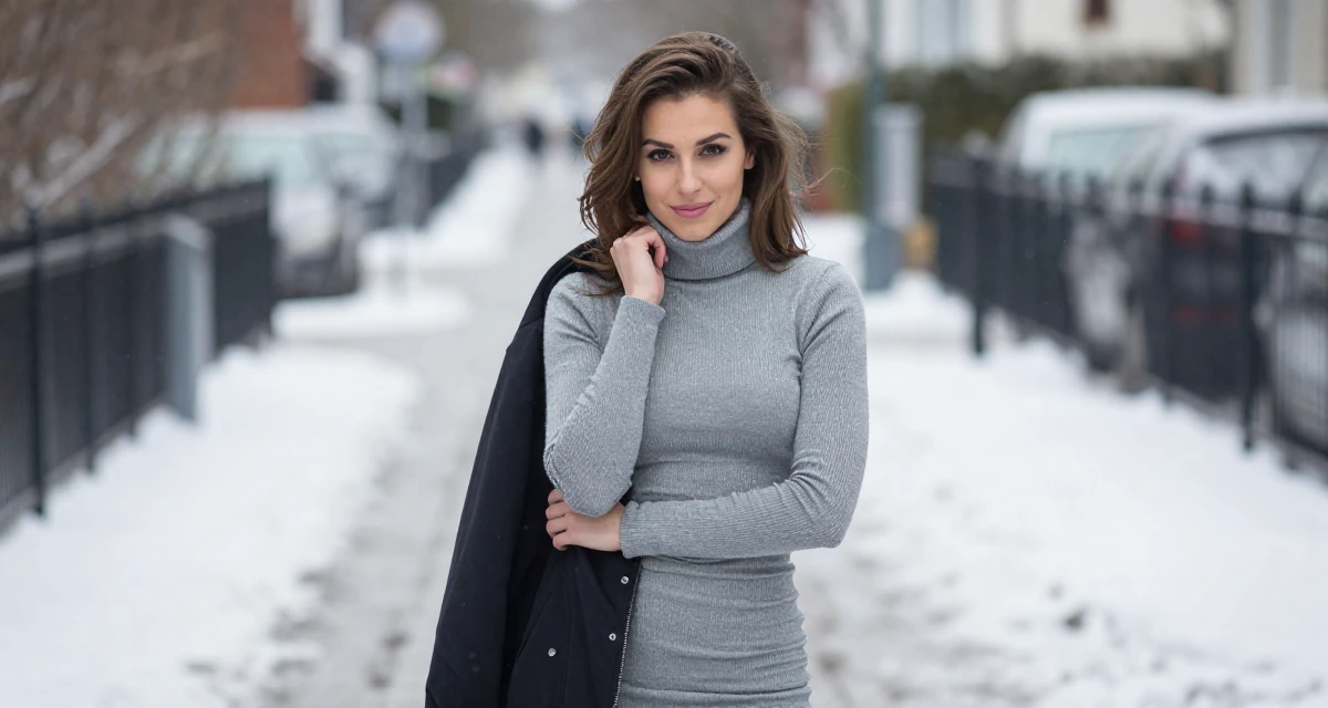 A gently amused Female From Ireland, studied creative writing in their 23, embracing sultry glam aesthetics as signature style, wearing a fitted turtleneck and skirt, resting a chin on a hand in a snowy sidewalk.