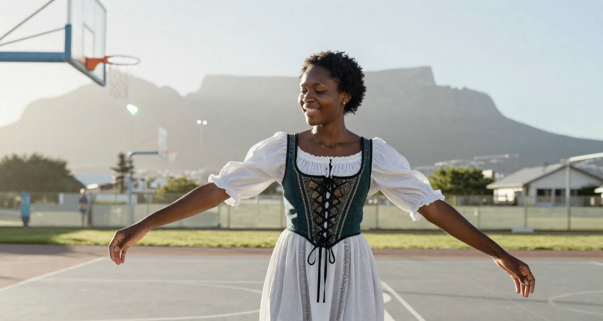 A victorious Female From Cape Town South Africa, studied film editing in their 29, seeking mentorship and higher guidance, wearing a peasant girl corset dress with a white blouse, adjusting sleeves in a basketball court.