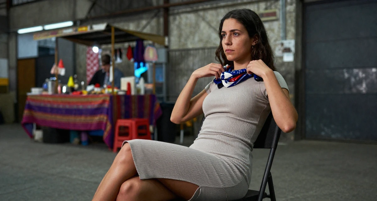 A stoic Female From Chile, studied commercial design in their 20, fueled by caffeine and late-night ambition, wearing a tight ribbed midi dress with side slits, adjusting a scarf in a industrial warehouse.