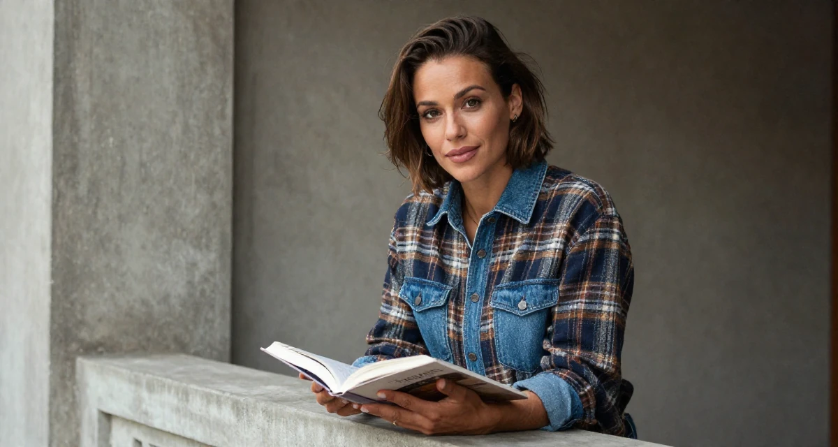 A charming Female From the Netherlands, studied user experience design in their 25, figuring out social roles and self-image, wearing a rugged flannel shirt and denim, opening a book in a opera house balcony.