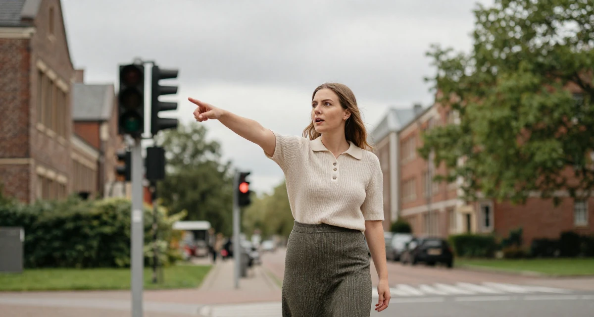 A subtly surprised Female From the Netherlands, studied user experience design in their 24, learning to prioritize emotional well-being, wearing a knitted polo shirt tucked into a midi skirt, waiting for a light to change in a university campus.