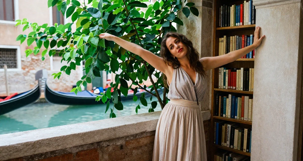 A playful Female From Italy, majored in law in their 25, managing fluctuating confidence, wearing a flowing maxi skirt and top, stretching arms after waking in a quiet library corner.