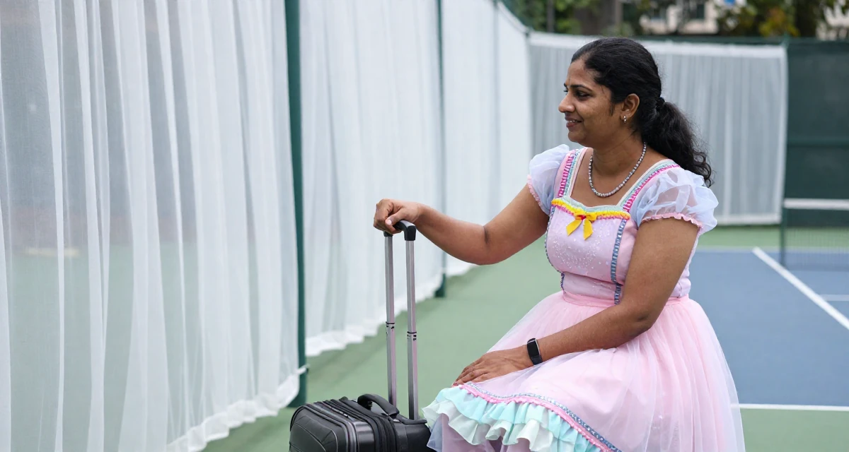 A cheerful Female Born in India, studied data analytics for media in their 33, navigating the complexity of senior leadership, wearing a candy-themed magical girl dress with pastel colors, polling a luggage handle in a tennis court.