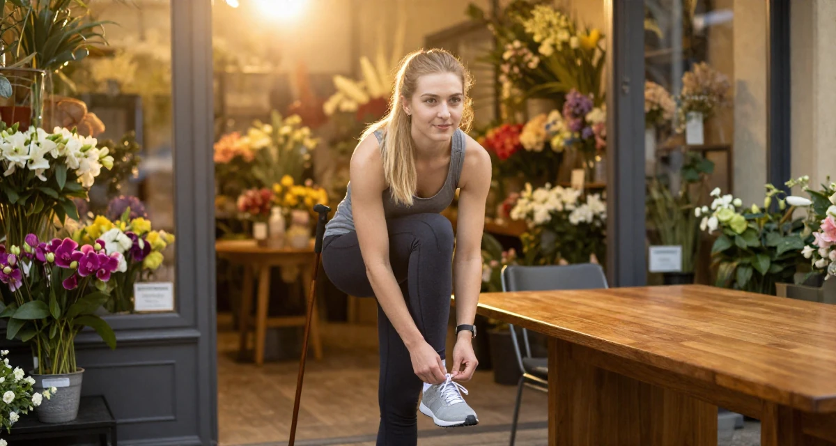 A poised Female From Finland, studied agricultural economics in their 22, learning workplace expectations and boundaries, wearing a sporty athleisure look, tying a shoelace in a flower shop entrance.