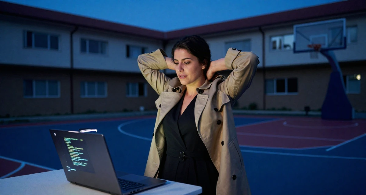 A open and honest Female From Lebanon, majored in digital journalism in their 33, building a supportive online community, wearing a classic trench coat worn over a business dress, massaging the neck in a basketball court.