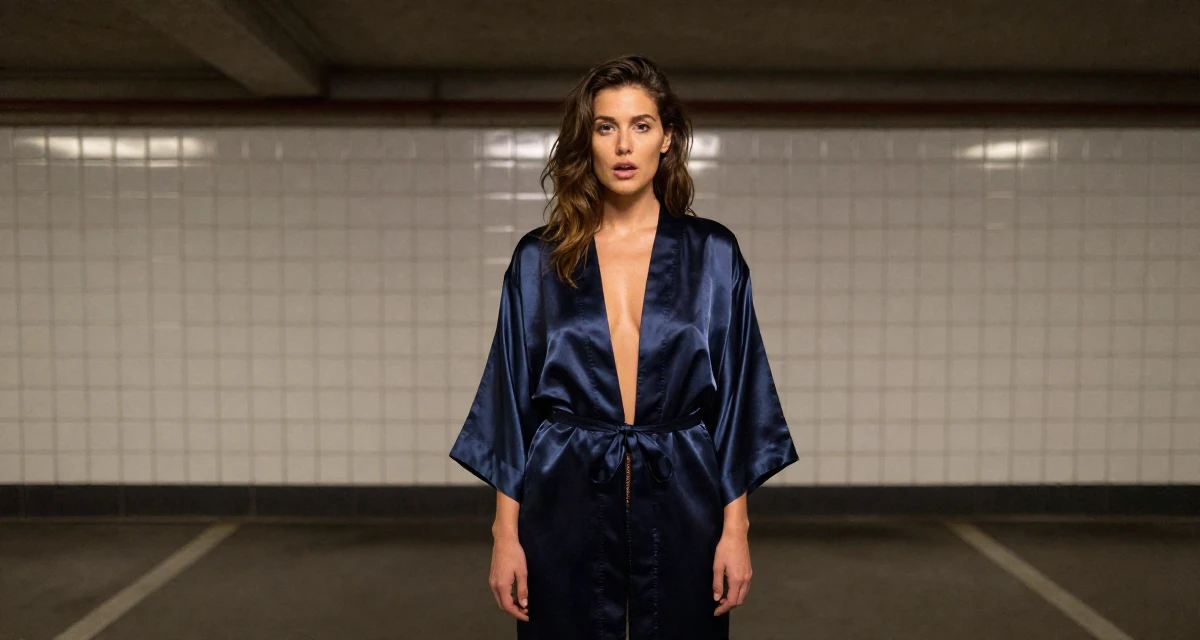 A subtly surprised Female From Copenhagen Denmark, majored in architecture in their 25, trying to build an aesthetic that feels authentic, wearing a silky kimono robe worn open over loungewear, shivering slightly in a underground parking garage.