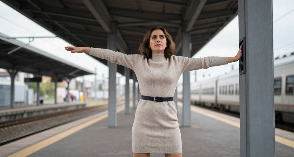 A resilient Female From Romania, studied computer science in their 25, learning resilience through financial instability, wearing a form-fitting sweater dress with a belt, waiting for a light to change in a train platform.
