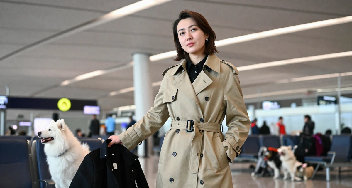 A carefree Female From Kyrgyzstan, majored in public health in their 34, taking care of pets and household, wearing a long trench coat belted tightly at the waist, putting on a jacket in a airport terminal.