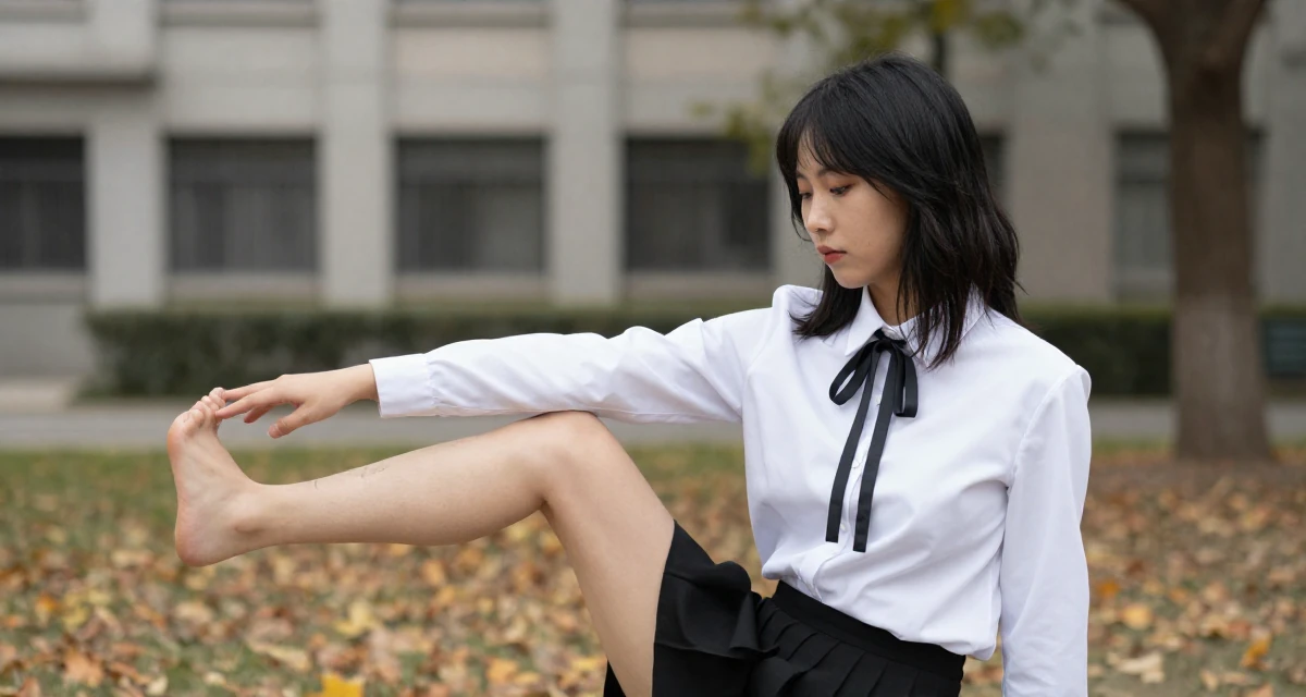 A placid Female Once a tattoo shop cashier, now modeling body-art-centric content in their 29, seeking mentorship and higher guidance, wearing a white shirt with a black ribbon tie, tapping a foot rhythmically in a university campus.