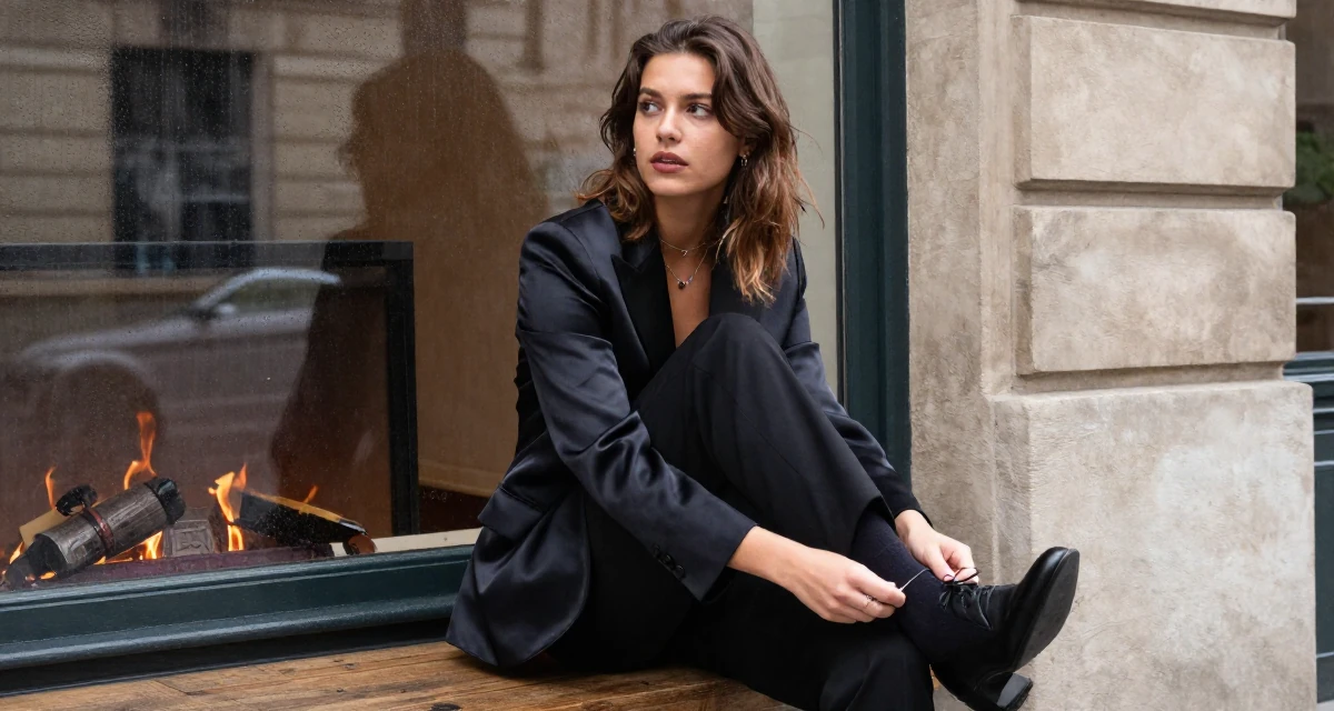 A enigmatic Female From Lyon France, studied fashion marketing in their 25, transitioning from teenage habits to adult routines, wearing a satin lapel blazer and tuxedo pants, fiddling with a necklace in a rainy window seat.