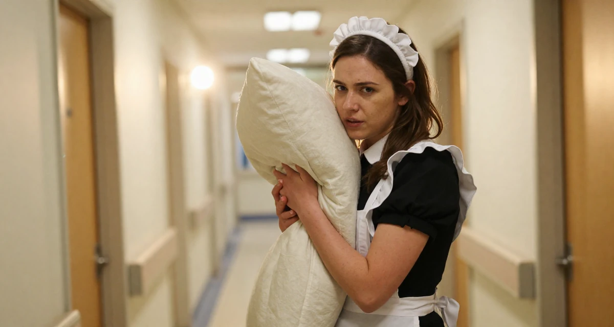 A fragile Female From London United Kingdom, majored in media studies in their 23, embracing flirtatious storytelling in creative sets, wearing a maid outfit with a white apron and ruffled headband, hugging a pillow or cushion in a hospital corridor.