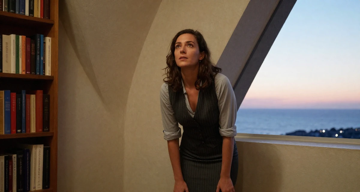 A dreamy Female From France, has a degree in art history and curating in their 49, preparing for a spiritual pilgrimage, wearing a pinstripe pencil skirt and a matching vest top, rolling up sleeves in a quiet library corner.