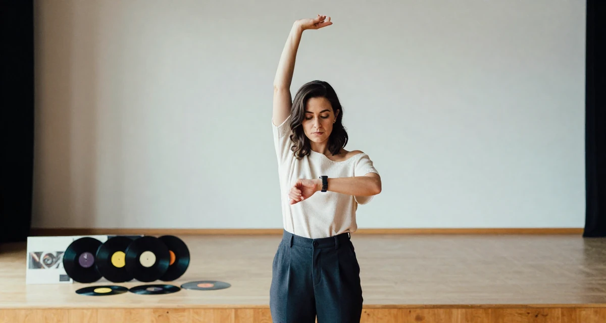 A fearless Female From USA, studied computer science but switched to arts in their 30, learning that survival in creator economy requires brutal discipline, wearing a off-the-shoulder knit top and dress pants, checking a wristwatch in a empty theater stage.