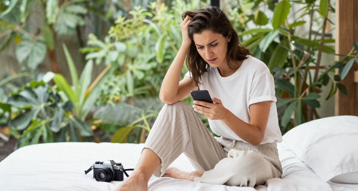 A charming Female From Stockholm Sweden, studied minimalist aesthetics and body symmetry in their 22, biting a lip while checking a phone, wearing a relaxed fit pleated trousers, scratching the head in confusion in a botanical garden.