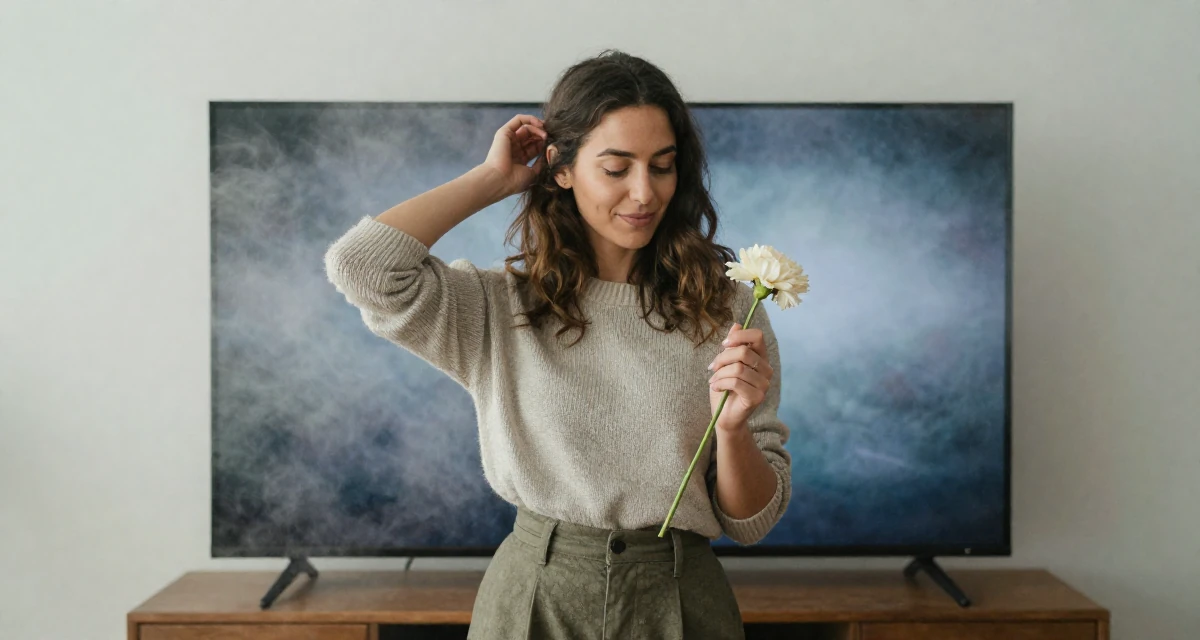 A content Female From USA, studied anthropology and folklore in their 24, prioritizing mental health over grinding, wearing a vintage sweater and high-waist pants, holding a flower in a tv set.