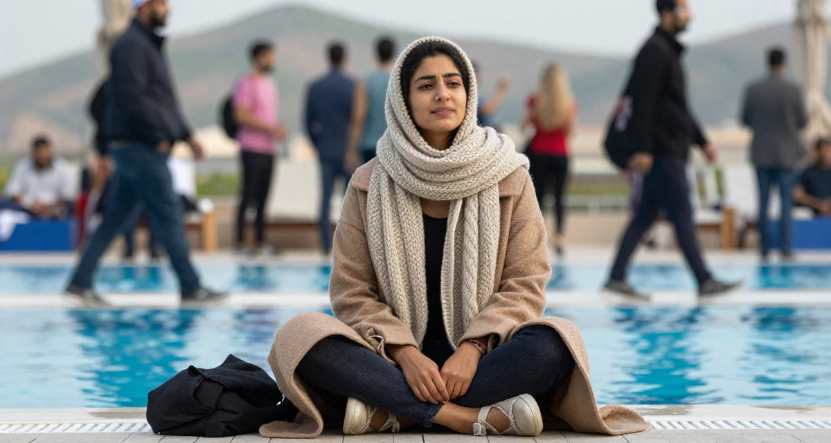 A relieved Female From Dubai UAE, majored in marketing in their 25, thinking about quitting but too deep to walk away, wearing a heavy knit scarf and coat, putting on a jacket in a swimming pool deck.