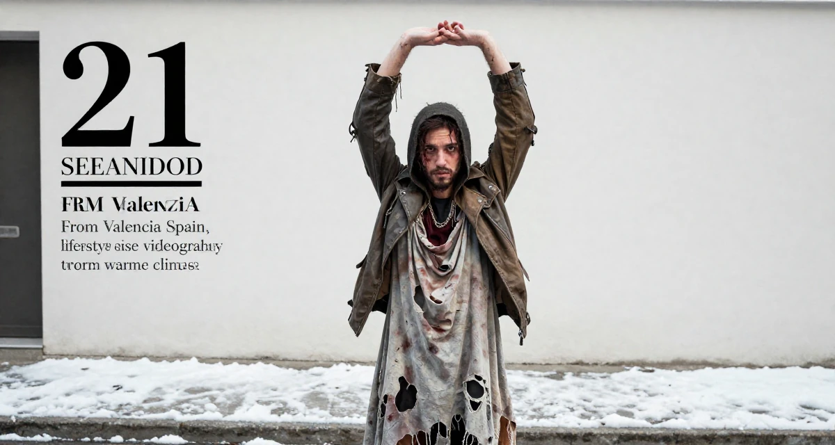 A indifferent male From Valencia Spain, learned lifestyle videography for warm climates in their 21, seeking internships and professional validation, wearing a zombie apocalypse survivor gear with torn clothes, smoothing down a dress in a snowy sidewalk.