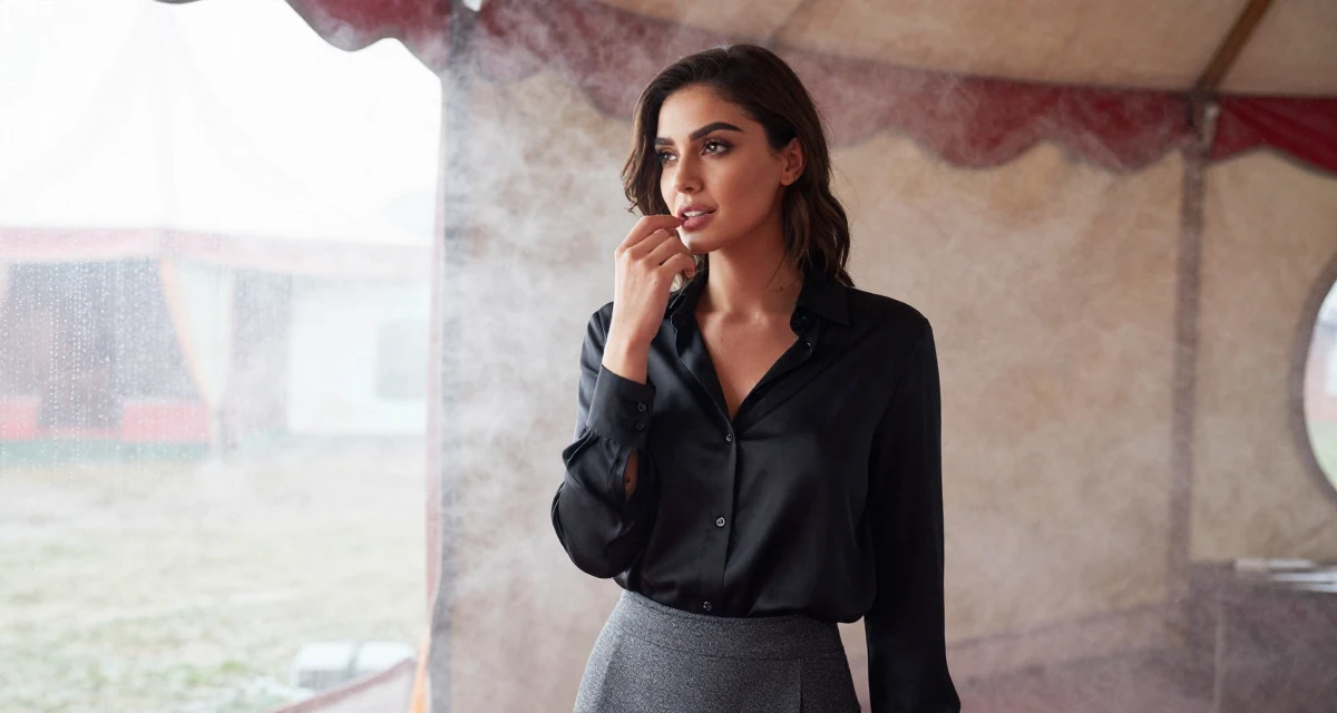 A alluring Female From Dubai UAE, majored in luxury branding and lifestyle presentation in their 23, decoding the unwritten rules of corporate life, wearing a black silk blouse slightly unbuttoned and a grey skirt, biting the lower lip softly in a circus tent interior.