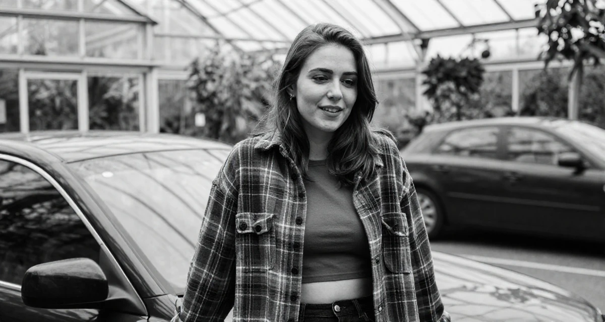 A calm Female From UK, studied fashion marketing in London in their 23, building first professional networks, wearing a oversized flannel shirt unbuttoned over a crop top, laughing softly in a botanical greenhouse.