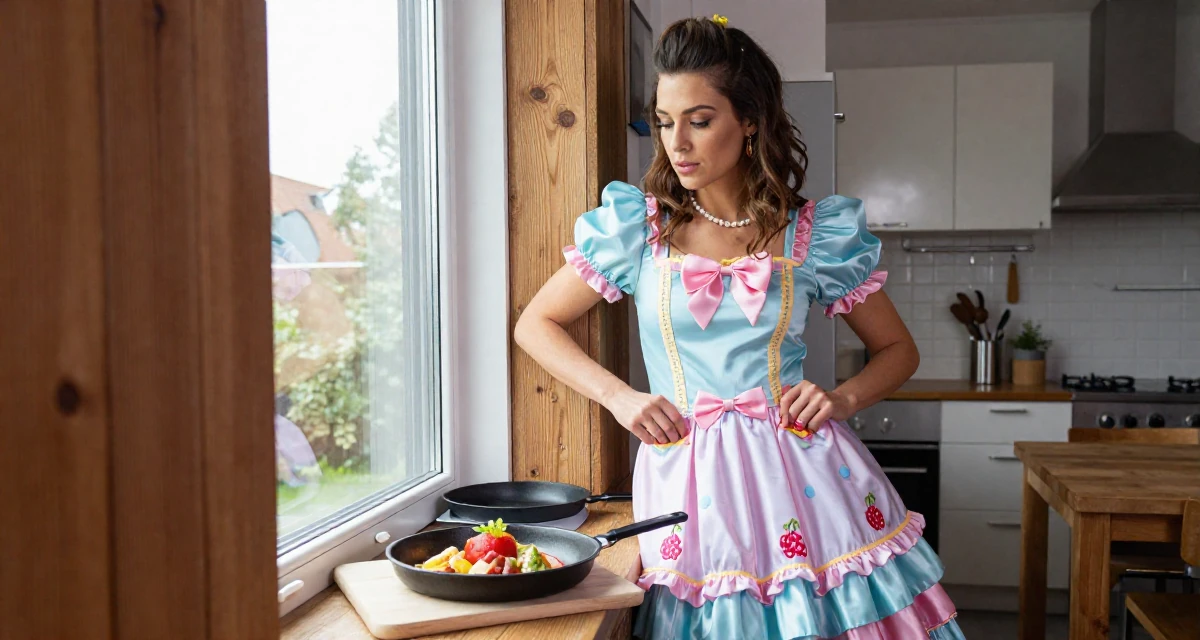 A empowered Female From the Netherlands, based in Rotterdam, graduated from a media academy majoring in contemporary sensual design in their 31, learning to cook gourmet meals at home, wearing a candy-themed magical girl dress with pastel colors, reaching for a pocket in a modern apartment.